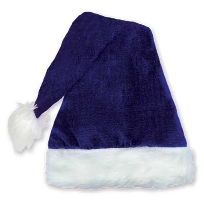 Blue Velvet Santa Hat w White Plush Trim Direct Imprint